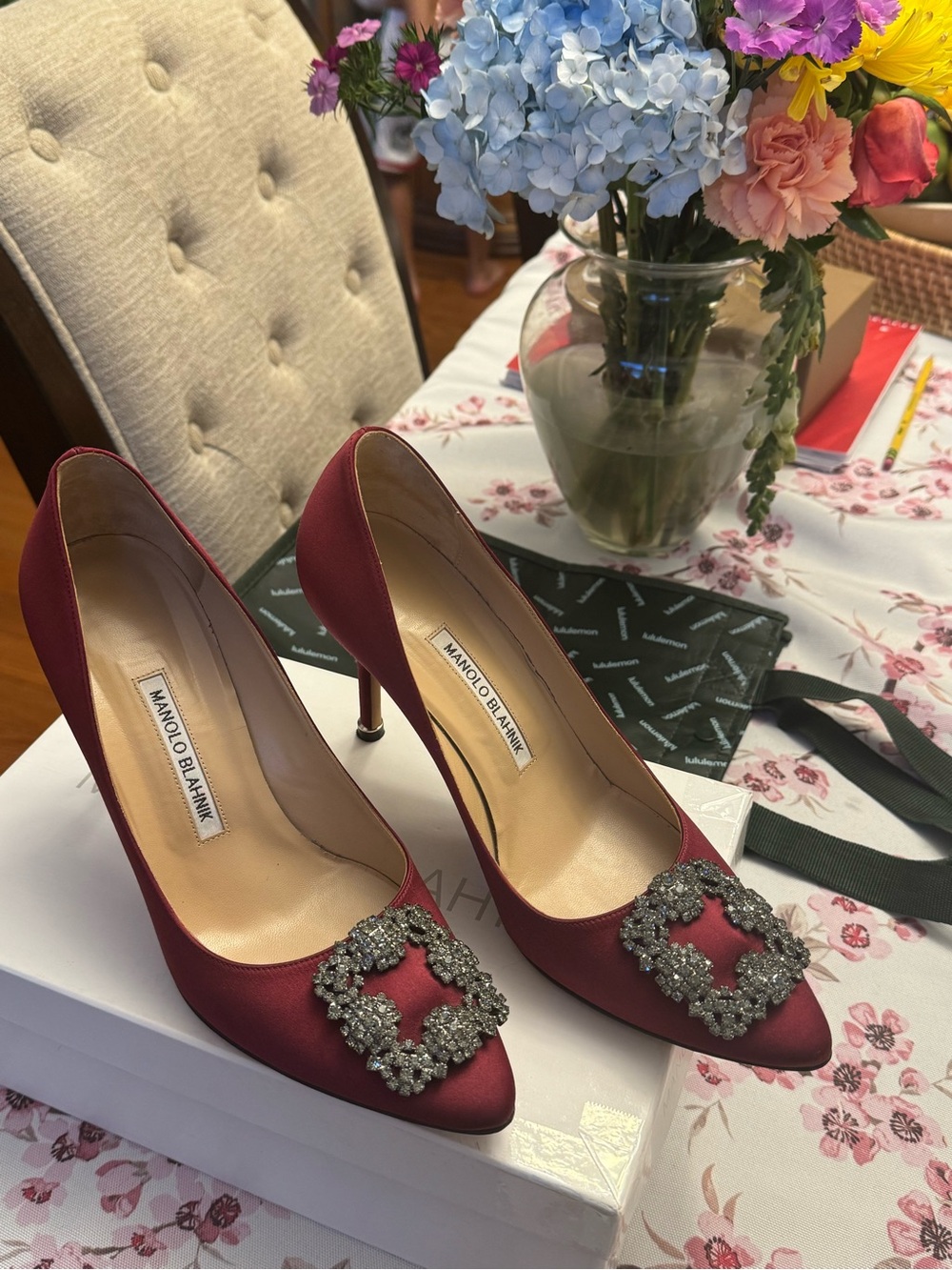 Manolo Blahnik Hangisi Burgundy Satin Crystal Buckle Heels | EU 39 (Fits US 8)